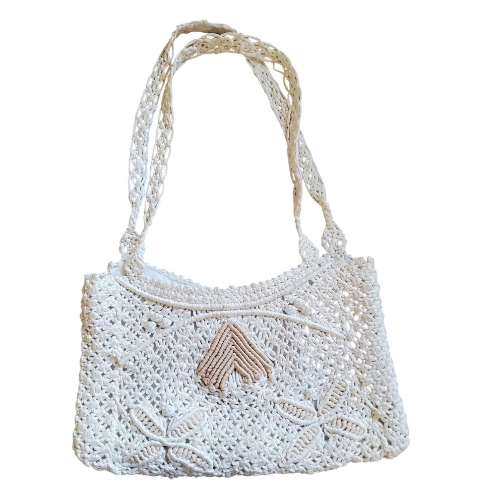 Handmade Crochet Shoulder Bag in Cream and Tan